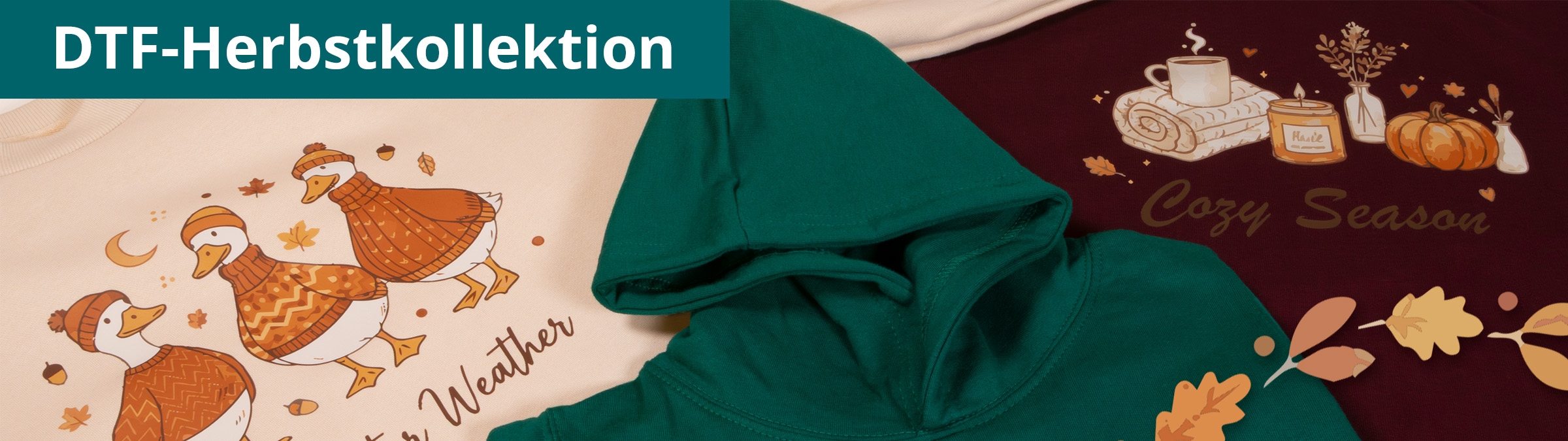 Die 1A-Herbstkollektion - DTF / Bügelbilder - drei Shirts übereinandergelegt mit DTF-Motiven