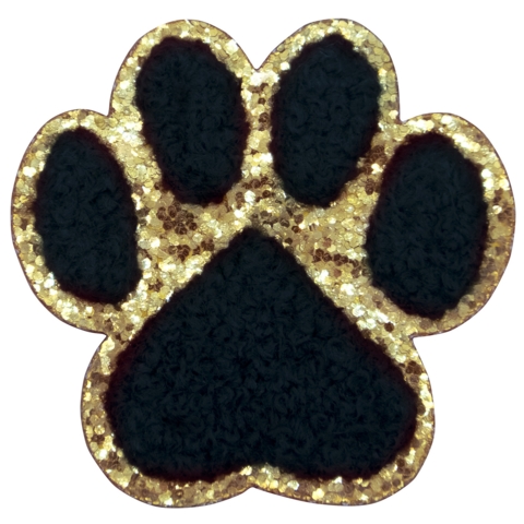 Aufnäher / Patch, Chenille, Pfoten, Goldglitzer-Untergrund, Klebefläche, Schwarz, 60x60 mm - Bild 1