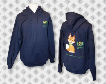 Dunkelblauer Hoodie der mit dem Motiv und Claim von LOS Lehrte bedruckt worden ist