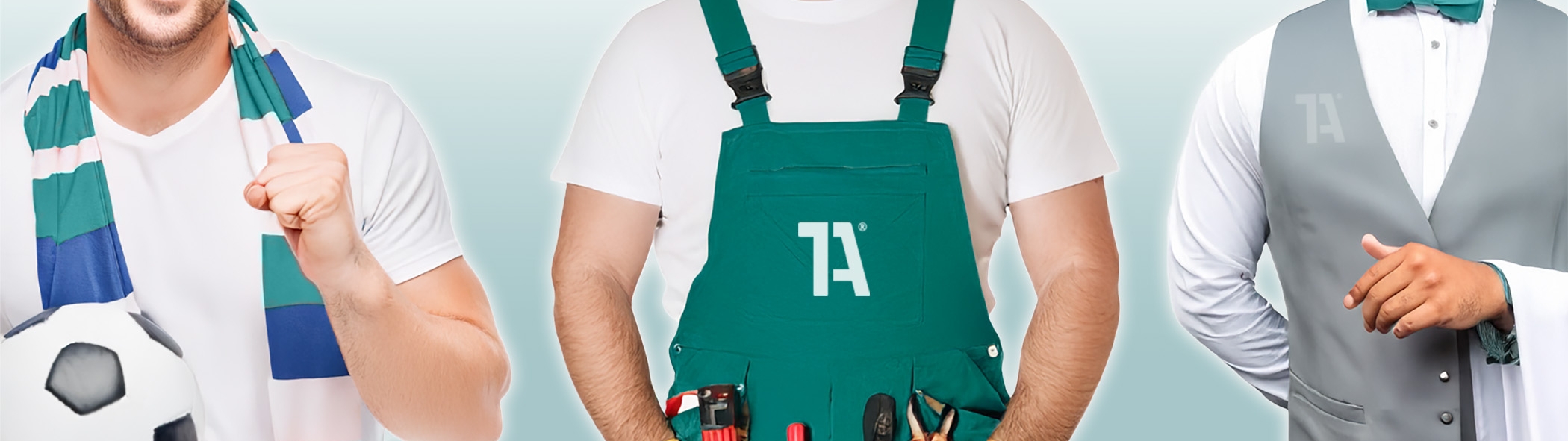 Drei Männer in veredelter Kleidung sind zu sehen: ein Fußballfan mit Fanschal, ein Handwerker in 1A-Latzhose und ein Kellner mit 1A Aufdruck auf der Weste.