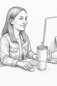 Mitarbeiterin am Arbeitsplatz mit Kaffee am Computer