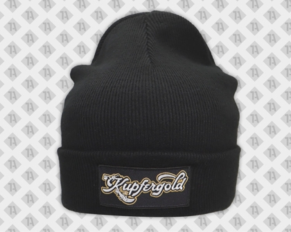 Aufnähservice Patch gestickt auf Beanie Kupfergold Musiker Bands