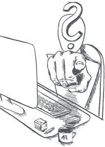 Illustration: Fragezeichen-Figur zeigt aus dem Bildschirm – 1A Rubber Recruiting