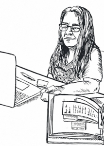 Zeichnung einer Frau mit Brille am Schreibtisch – zwischen Laptop, Notizen und Unterlagen