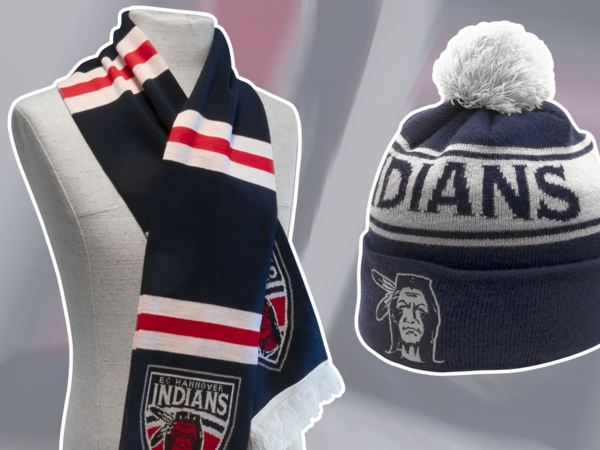 1A Fanartikel - wir erstellen Ihr Motiv oder Logo als individuelles Kleidungsstück. Hier zu sehen: ein Hannover Indians Schal und Beanie