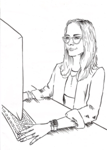 Schwarz-weiße Zeichnung einer Frau mit Brille am Schreibtisch – arbeitet konzentriert am Computer