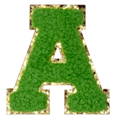 Aufnäher / Patch, Chenille, Buchstabe A, Goldglitzer-Untergrund, Klebefläche, Grün - Bild 1