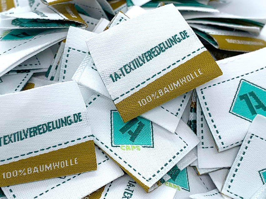 Label Etikette 100% Baumwolle Cotton Textilveredelung Branding Individualisieren fein gewebt