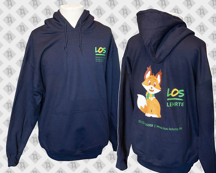 Navyblauer Hoodie mit DTF Druck auf der Brusttasche und großes Motiv auf dem Rücken - Motiv: LOS Lehrte, Fuchslogo