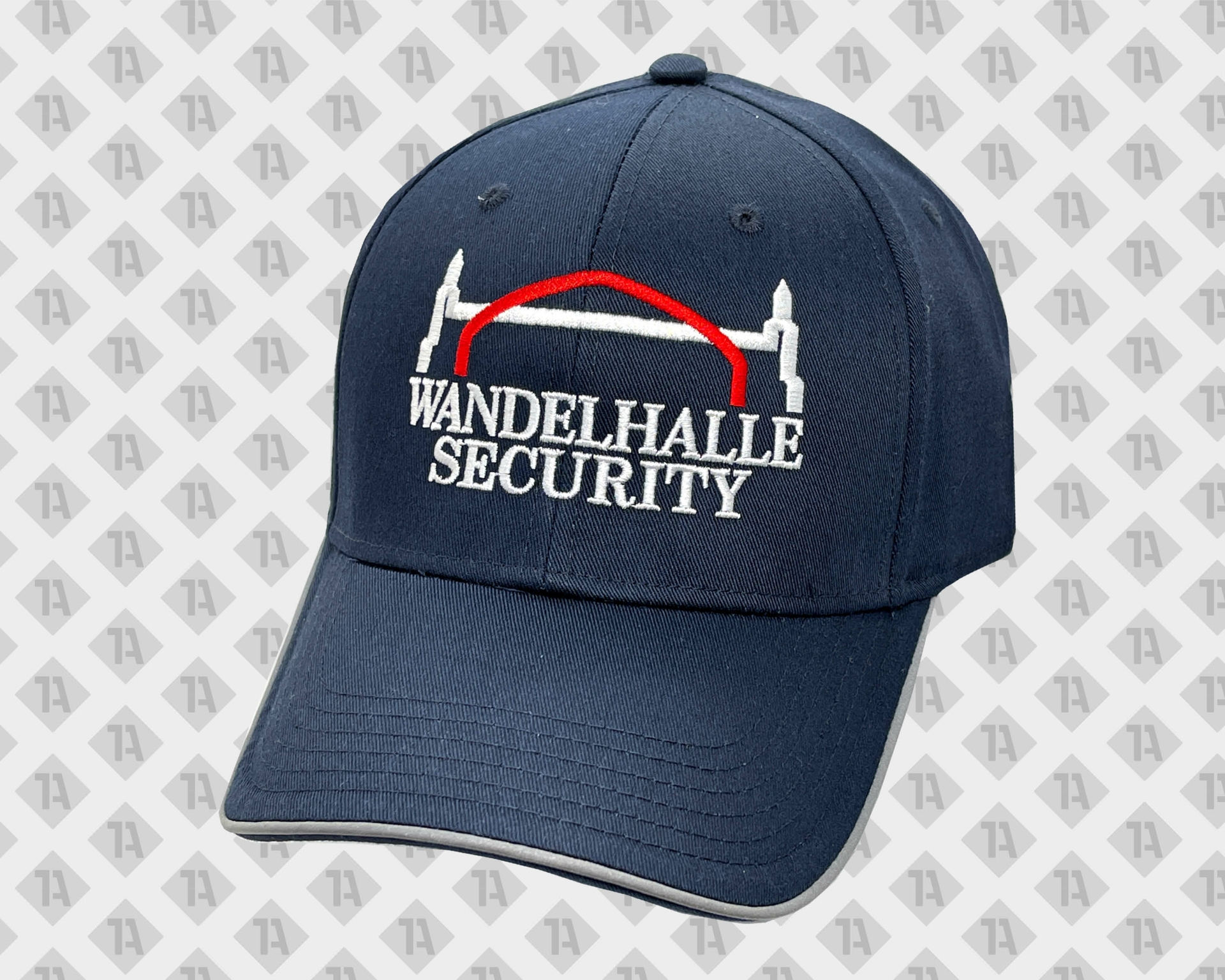 Direktstick von Wanderhalle Security in weiß rot auf dunkelblaue Cap Details Firmen