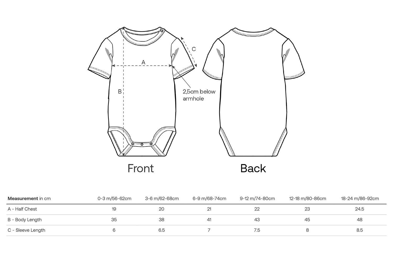Stanley/Stella kurzer Kleinkind-Body  - Größentabelle / Sizechart