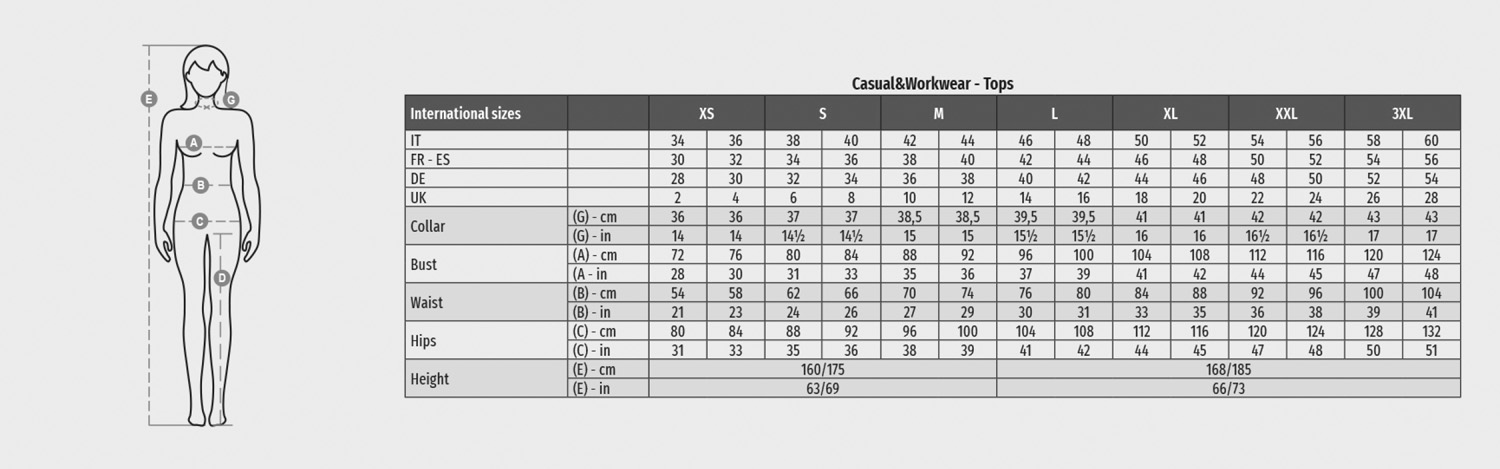 PAYPER Weste Horizon Lady R. 2.0, Damen - Größentabelle / Sizechart