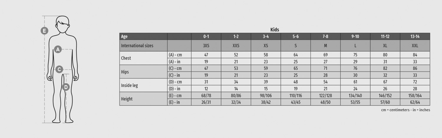 PAYPER Kinder-Jacke Pacific Kids R. 2.0, Unisex - Größentabelle / Sizechart