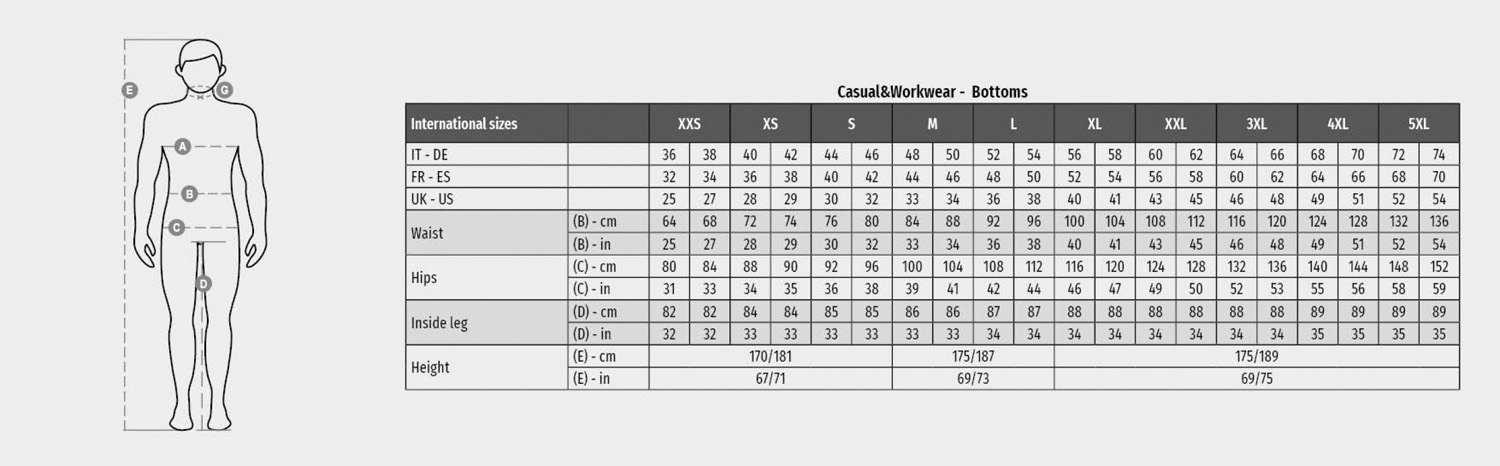 PAYPER WORK Arbeitshose Worker Winter Reflex, Unisex - Größentabelle / Sizechart